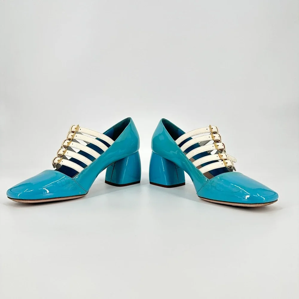 Miu Miu FW2015 Blue Patent Leather Multi-Strap Block Heel Pumps Size 37.5